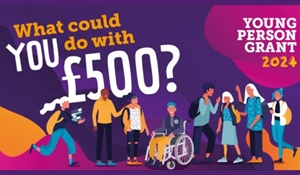 An illustration of a group of diverse young people, with a purple, pink and orange background.