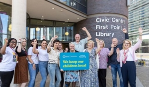 A picture of Councillor Shirley Reynolds standing with a group of people outside of Civic Centre.