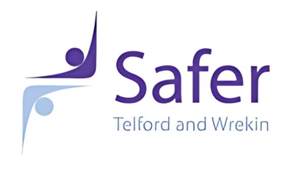 A picture of the Safer Telford and Wrekin logo, with purple text.