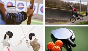 A group of four pictures, picture one is someone doing archery, picture two is a child on a BMX, picture three is two people fencing, picture four is a picture of three table tennis balls and two table tennis bats.