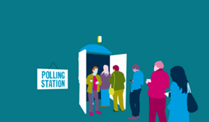 An illustration of a group of people standing outside a polling station, ready to register their vote.