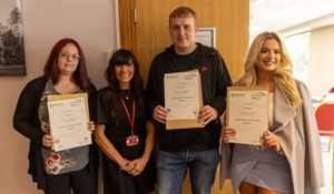 Access to HE Education tutor Angie Wright (second left) with Access to HE Education learners (l-r) Zoe Slimm, Liam Fletcher and Leila Voyce.