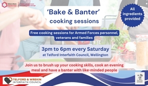 A graphic promoting Bake and Banter cookery sessions for armed forces personnel, veterans and their families