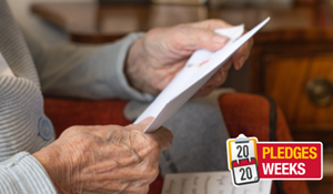 A photo of an older person's hands opening an envelope. A logo reads 20 pledges 20 weeks.
