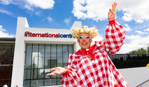 Dame Betty from 2024 Telford pantomime Goldilocks and the Three Bears outside the Telford International Centre