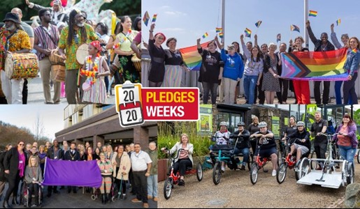 Different people from across the borough celebrating carnival, LGBTQ+ Pride Month, Disability History Month and adaptive bikes