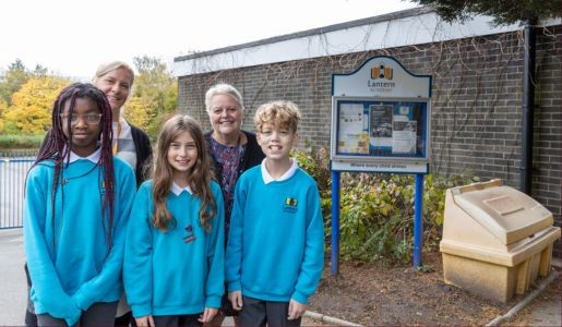 Children from Lantern Academy attend bungalow opening with Cllr Shirley Reynolds and headteacher