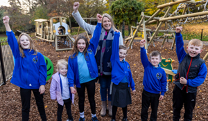 Councillor Carolyn Healy (Lab), Telford & Wrekin Council’s Cabinet Member for Neighbourhoods, Planning & Sustainability, is joined by children from Coalbrookdale Primary School for the official opening of Dale End Park playground.