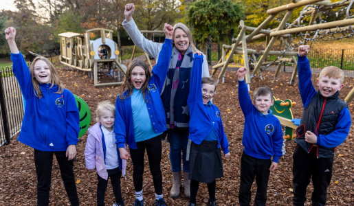 Councillor Carolyn Healy (Lab), Telford & Wrekin Council’s Cabinet Member for Neighbourhoods, Planning & Sustainability, is joined by children from Coalbrookdale Primary School for the official opening of Dale End Park playground.