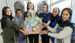 Manjit, San and Rajinder, from the Kushdil ladies knitting group, present a hundred kindness hearts to Penny Watson and Miriam Gilbert, from the palliative and end of life care team at The Shrewsbury and Telford Hospital NHS Trust, with Gillian Denning (far left) from Telford & Wrekin Council’s Safer and Stronger team.