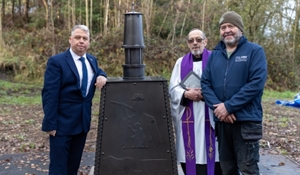 From left to right, Councillor Richard Overton, (Lab) Deputy Leader of Telford & Wrekin Council and St Georges ward councillor, the Reverend Richard Walker Hill and Trevor Bates from Steel Street, with the memorial which recognises the area’s industrial past.