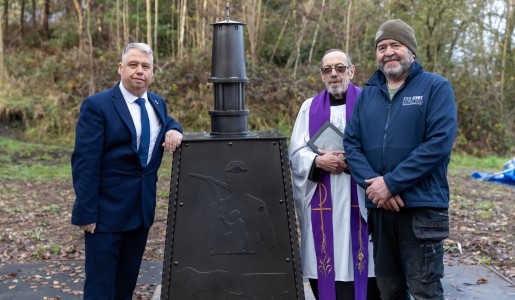 From left to right, Councillor Richard Overton, (Lab) Deputy Leader of Telford & Wrekin Council and St Georges ward councillor, the Reverend Richard Walker Hill and Trevor Bates from Steel Street, with the memorial which recognises the area’s industrial past.