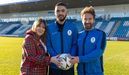 Councillor Kelly Middleton (Lab), Telford & Wrekin Council’s Cabinet Member for Public Health & Healthier Communities, Kyran Purohit and Councillor Ian Preece (Lab), and AFC Telford United Foundation Director, at the club in Wellington.