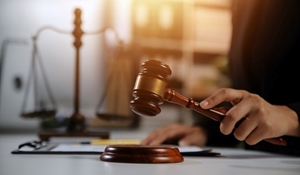 Person holding a gavel in court