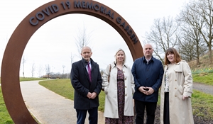 David Sidaway (Chief Exec), Felicity Mercer (Director: Adult Social Care, Housing and Customer Services), Cllr Lee Carter (Leader of Telford & Wrekin Council) and Cllr Kelly Middleton (Cabinet Member for Public Health & Healthier Communities) stand in Covid-19 Memorial Garden