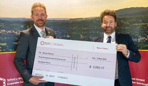 Cllr Ian Preece, Mayor of Telford and Wrekin for 2024/25 presenting a fundraising cheque to Phil Haigh from Severn Hospice