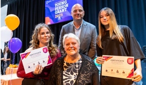 Councillor Shirley Reynolds (front centre) with from left to right grant recipient Holly, Councillor Lee Carter and grant recipient Freya.