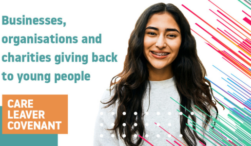 A young woman smiling in front of a colourful graphic background with the words 'Care leaver Covenant, Businesses organisations and charities giving back to young people' 