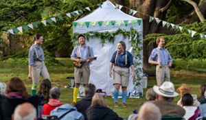 The cast of HandleBards performing Much Ado About Nothing, an outdoor theatre performance