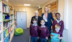 Councillor, headteacher and a group of children at the newly opened Thomas Telford Primary Free School