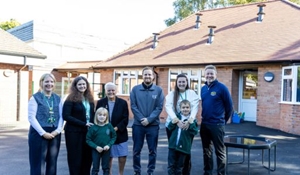 Pupils with from left to right: Nicola Moody (Headteacher), Jane Kerr (SENDCO), Councillor Shirley Reynolds, Tom Fisher (Telford & Wrekin Council), Chloe Pearson (teacher), and Andy Pryce (Pryce Builders)