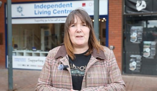 Cllr Kelly Middleton talks outside the ILC on the budget papers in Adult Social Care