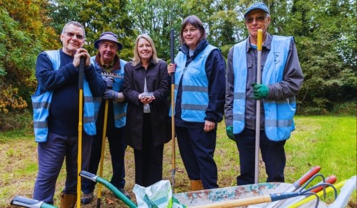 Councillor Carolyn Healy, Telford & Wrekin Council Cabinet Member for Neighbourhoods, Planning and Sustainability with volunteers from left, Brett Cordon, Martin Corbett, Marion Versluijs and Nick Gatward from the Friends of Hurley Brook.