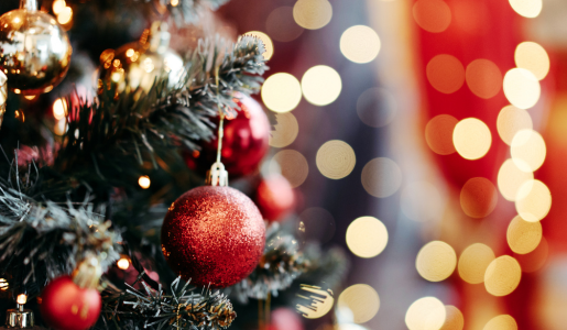 close up of a Christmas tree with red decorations on 