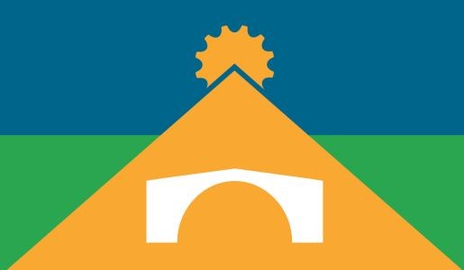 Telford Flag which includes a white outline of the Ironbridge, a yellow cog of industry, the colour green to represent the parks and open spaces and the colour blue