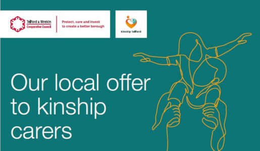Kinship care local offer graphic featuring an outline drawing of a child on an adult's shoulders