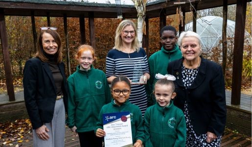 Pupils with from left to right: Michelle Salter, Virtual School headteacher, Jo Duncombe, headteacher at Woodlands Primary School and Councillor Shirley Reynolds