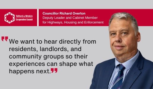 A graphic which feature the council logo, a picture of Councillor Richard Overton and a quote on the HMO consultation