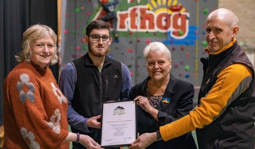 Arthog Outreach retains gold standard, from left to right are: Angela Meakin and Harry Elsdon from Arthog Outreach, Councillor Shirley Reynolds and Alan Braybrooke from Arthog Outreach