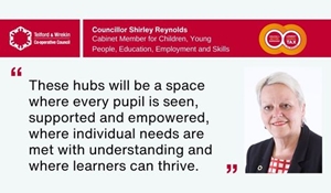 A graphic featuring the Council logo, a photograph of Councillor Shirley Reynolds and a quote about SEND support and new school places.