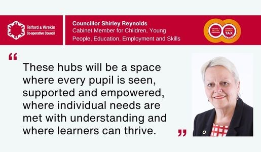 A graphic featuring the Council logo, a photograph of Councillor Shirley Reynolds and a quote about SEND support and new school places.