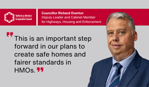 HMO graphic featuring a picture of Councillor Richard Overton, the Council logo and a quote taken from the news release