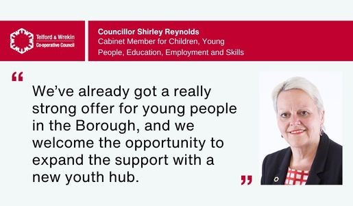 A head and shoulders picture of Councillor Shirley Reynolds with a quote taken from a news release about government funding for youth hubs. 