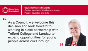 Graphic featuring the Council logo, a picture of Councillor Shirley Reynolds and a quote welcoming the new youth hub