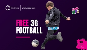 Level up your summer graphic featuring a young person kicking a ball