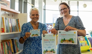 Councillor Shirley Reynolds with Katie from Southwater Library promoting the holiday reading challenge