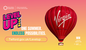 A promotional graphic for a Telford & Wrekin Council competition to win a Virgin hot air balloon ride.