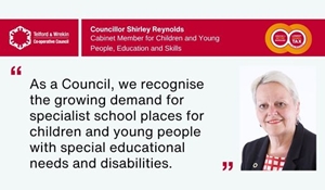 A corporate graphic featuring an image of Shirley Reynolds, a quote about SEND provision and the Council logo