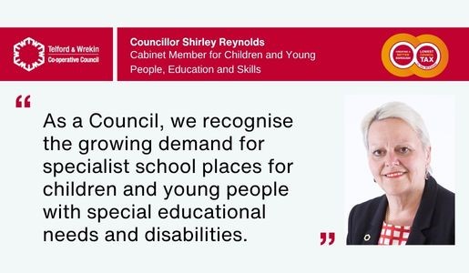 A corporate graphic featuring an image of Shirley Reynolds, a quote about SEND provision and the Council logo