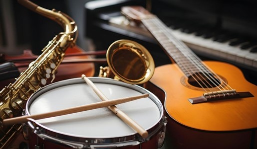A collection of musical instruments including a snare drum with sticks, a saxophone, an acoustic guitar, and a piano.