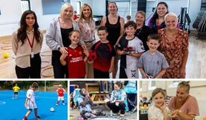 A collage showing a group photo of adults and children, children playing football, messy outdoor play and a craft activity.