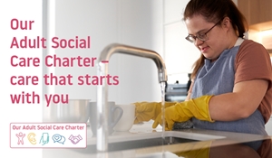 ASC Charter graphic with woman with down's syndrome washing dishes in a kitchen