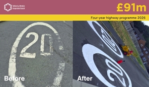 Before and after photos of white lining of 20 mph markings on roads in Telford