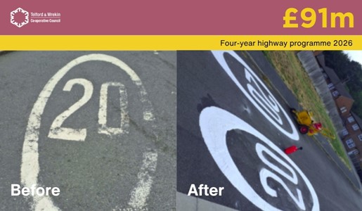 Before and after photos of white lining of 20 mph markings on roads in Telford