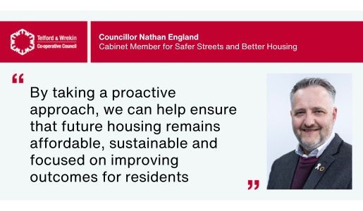 Head and shoulders shot of Councillor Nathan England with a quote and the council logo