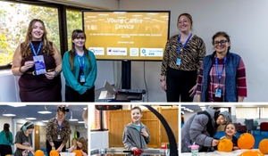 A composite image showing four women at a service launch and children participating in pumpkin carving and air hockey